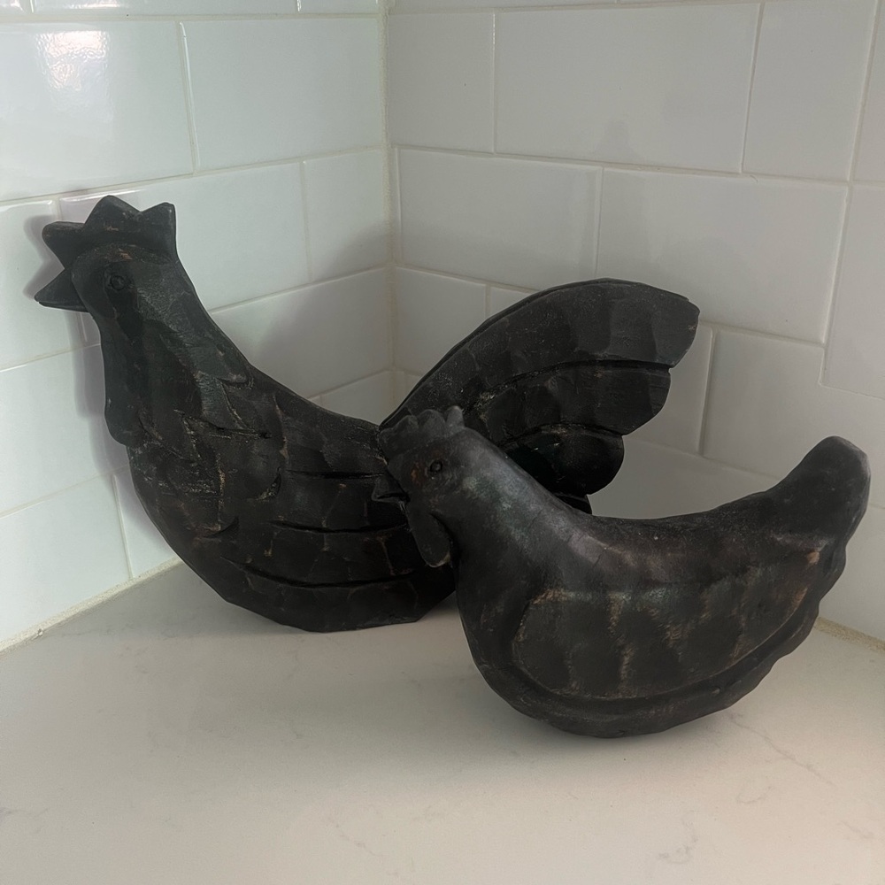 Elegant Black Rooster and Hen Sculpture Set